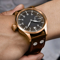Montre sport mécanique manuelle Corgeut en bronze avec cadran noir 44 mm pour homme, verre saphir noir 44 mm, bracelet en cuir personnalisé – Offre spéciale