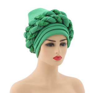Gorro de nailon HT-212 para mujer, Hijab musulmán árabe con lentejuelas doradas trenzadas, turbante tradicional indio, <span class=keywords><strong>2013</strong></span> - Product Image 4