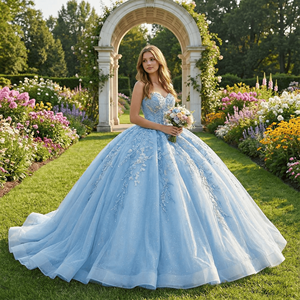 Vestidos de Quinceañera Azul Claro Brillante con Apliques, Cintura Natural, Fiesta, Flores 3D, Cuentas, Encaje, Cumpleaños, LSMC79 - Product Image 1