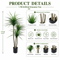 Arbre artificiel Dracaena 1,8 m en PE, plante artificielle Dragon à triple tronc, pot noir, réglable, résistant aux UV, écologique, pour intérieur