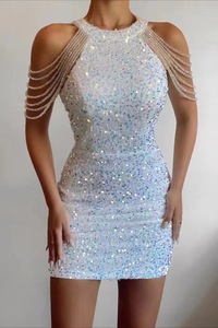 Primavera e Verão Nova Moda Sexy Cristal Franjada Bainha Lantejoulas Vestido Estilo Europeu e Americano Mid Cintura Vestido de Noite - Product Image 3