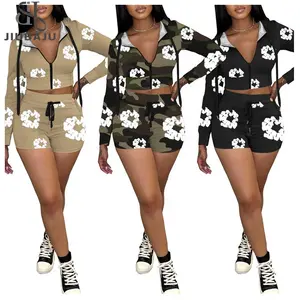 2 Pieces Set Sexy Fashion Women 2024 Summer Spring Female Tops Flower Printing Long Sleeve Hoodies And Elastic Waist Shorts Suit