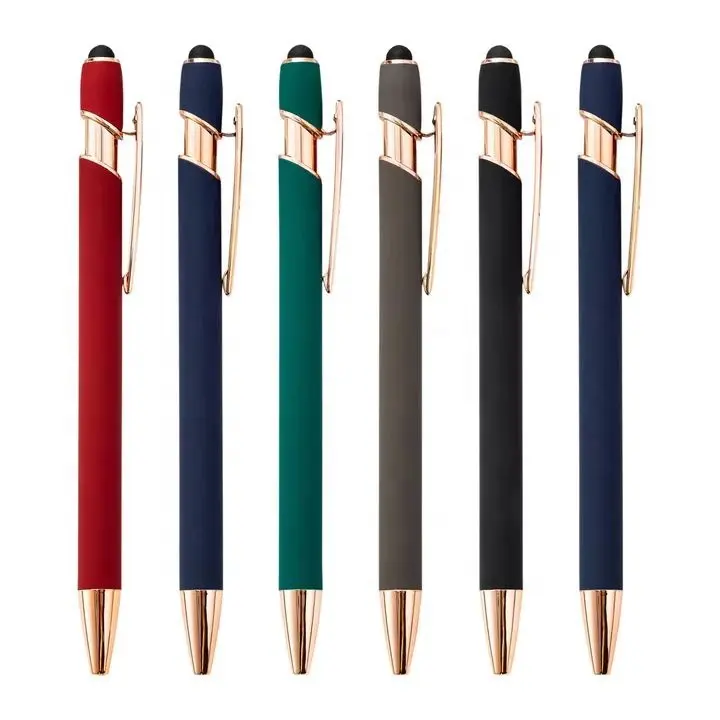 Promotionele Luxe Gift Rose Gold Onderdelen Rubber Gecoat Balpen Soft Touch Stylus Metalen Pen Met Custom Logo