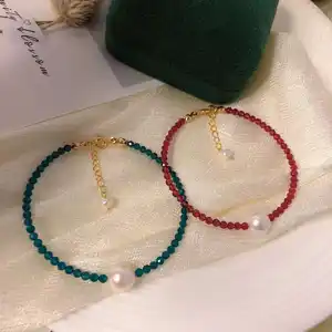 Explosive 3mm faceted crystal red and blue double color optional 9-10mm freshwater pearl bracelet crystal pearl bracelet