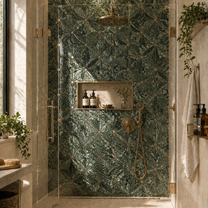Mosaïque murale et de sol en marbre vert foncé luxueux sur mesure, en forme de fleur, avec incrustation en laiton brossé pour salle de bain et cuisine - Product Image 3