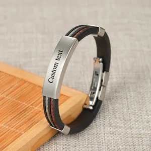 Großhandel individuelles Herren-Namen-Armband Gravur schwarz Edelstahl Herren Leder-Armband