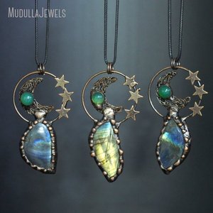 NM48695 joyería soldada piedra preciosa Natural <span class=keywords><strong>verde</strong></span> Aventurina <span class=keywords><strong>Luna</strong></span> y estrella collar de cuerda de cuero antiguo bronce plateado Boho regalo - Product Image 2