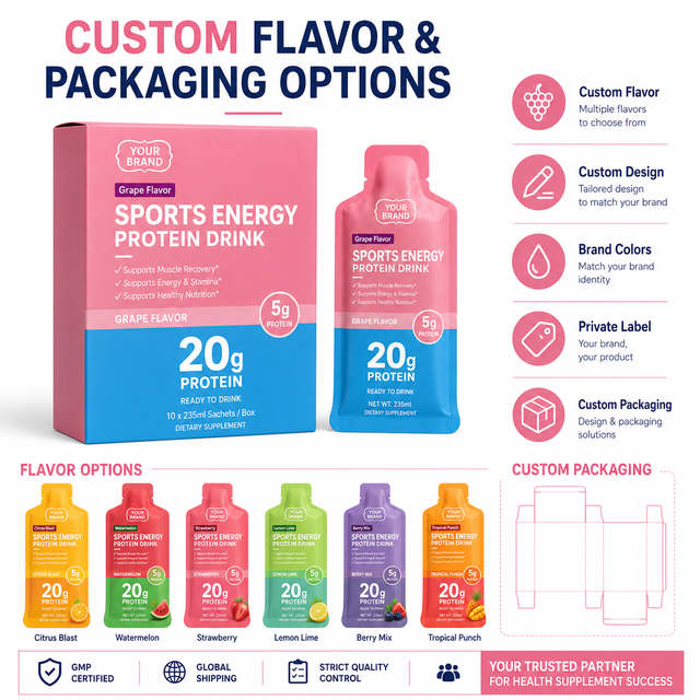 Multi Fruit Flavors Sports Energy Protein Drink Liquid Sachet Ready to Drink Fitness Support Supplement Private Label OEM ODM