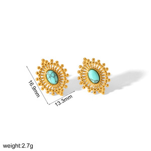 ต่างหูสไตล์ยุโรปอเมริกันย้อนยุคสีเทอร์ควอยซ์สำหรับผู้หญิง สแตนเลสสตีลชุบทอง 18k รูปทรงดอกไม้ ดีไซน์เรขาคณิต - Product Image 4