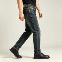 Jean bleu marine pour homme, denim foncé délavé, coupe slim droite, cinq poches, pantalon décontracté, fabricant OEM sur mesure