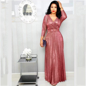 Gaun Malam Wanita Elegan M181209 Terlaris, Lengan Panjang, Aksen Emas, Model A-Line, Mengkilap, Berlipit, Dilengkapi Sabuk - Product Image 6