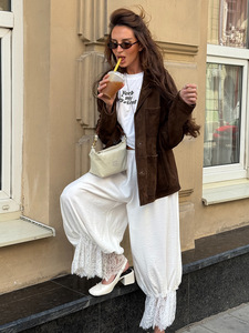 Pantalon large blanc en dentelle à volants pour <span class=keywords><strong>femme</strong></span>, taille élastique, décontracté, style bohème, pour l'été - Product Image 3