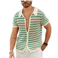 Chemises en tricot pour hommes, manches courtes, col rabattu, boutons, chemise en tricot pour hommes, été, vintage, rayée, cardigan en tricot