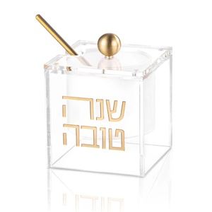 Pot à miel en acrylique Judaica avec cuillère à miel, décor hébreu <span class=keywords><strong>Shana</strong></span> Tova, récipient à miel pour cadeau de Rosh Hashanah - Product Image 1