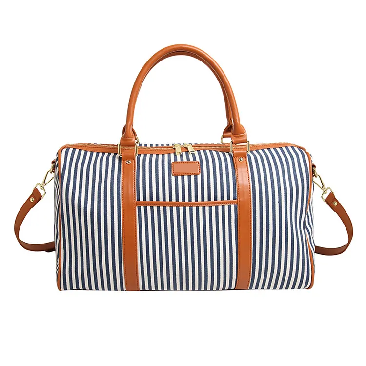 Custom Made moda taşınabilir tek omuz ve çanta tuval Messenger çizgili seyahat Duffel bagaj çantası