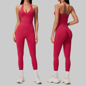 Set Sportivo Senza Cuciture per Donna con Logo Personalizzato, Top Halter con Scollo a V, <span class=keywords><strong>Leggings</strong></span> Modellanti ad Alta Elasticità per Yoga e Fitness - Product Image 2