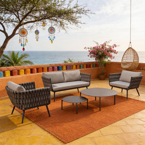 Conjunto de Sofás de Exterior Tejidos Estilo Bohemio Costero de 6 Piezas con Mesas de Centro Redondas Dobles y Cojines con Colores Personalizables para Villa de Playa - Product Image 1