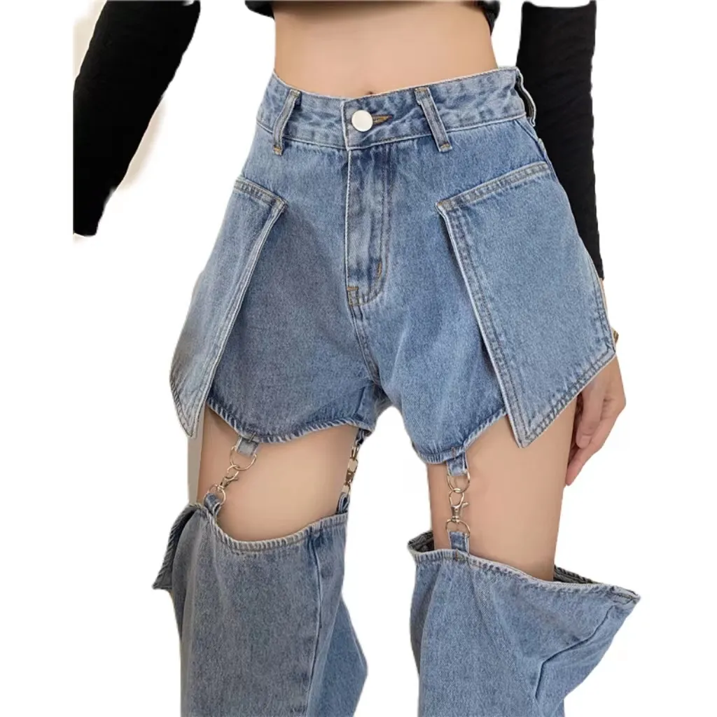 Design Jeans Destacável Reto Pronto para Enviar Jean Destacável Cintura Alta Verão Solto em Estoque Alta Qualidade Denim Mulheres Vintage