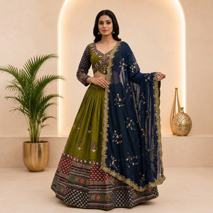 Tenue traditionnelle Chaniya Choli Lehenga vert olive avec dupatta brodée bleu marine pour Navratri et les occasions festives - Product Image 2