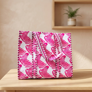 Bolso Tote Acolchado Rosa con Estampado de Cebra, Cierre Abierto, Estilo Bohemio, Bolso de Compras de Algodón para Todas las Temporadas - Product Image 4