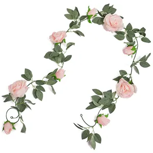 Bunga Mawar Merah Muda dan Hijau Karangan Bunga Meja Mawar Tanaman Merambat Bunga Sutra Buatan untuk Dekorasi Pernikahan Bunga Palsu