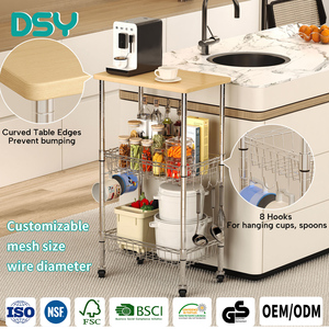 Étagère de rangement de cuisine multi-niveaux en métal avec panneau supérieur en bois, chariot de sol à <span class=keywords><strong>roulettes</strong></span> industrielles pour légumes, fruits et collations - Product Image 1