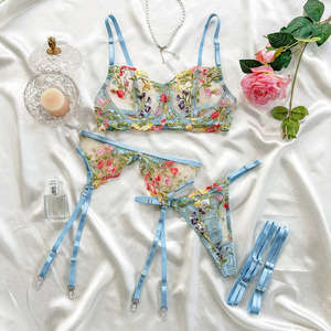 SacKnove 6093 haut de gamme dames broderie florale 3 pièces soutien-gorge jarretière ouvert String ensemble lune de miel nuisette exotique <span class=keywords><strong>Lingerie</strong></span> <span class=keywords><strong>Sexy</strong></span> - Product Image 5