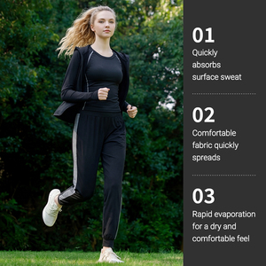 Conjunto Deportivo de Yoga de 3 Piezas para <span class=keywords><strong>Mujer</strong></span> Adulta, Manga Corta, <span class=keywords><strong>Pantalones</strong></span> Harem Deportivos de Poliéster Personalizados al por Mayor, Chaqueta Cómoda - Product Image 3