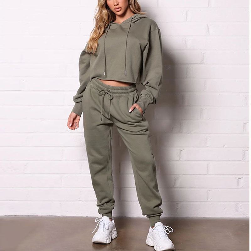 Custom Logo Cotton Women Tracksuit Sweatshirts Women's High Quality Gym Raw Hem Crop Top Hoodie And Joggers 