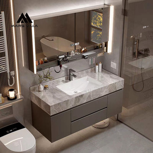Meuble-lavabo sur pied Mars Villa OEM 120 cm avec pieds dorés, armoire vert émeraude et plateau en pierre blanche pour hôtel - Product Image 4