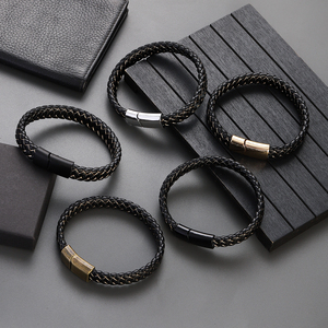 Pulsera de cuero genuino trenzado negro de moda para hombre con cierres magnéticos, accesorios de pulsera - Product Image 6