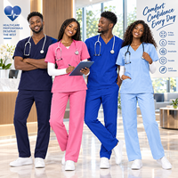 Tenues médicales unisexes : Ensemble Blouse Col V 3 Poches et Pantalon 6 Poches, 65% Polyester 35% Coton, Anti-humidité
