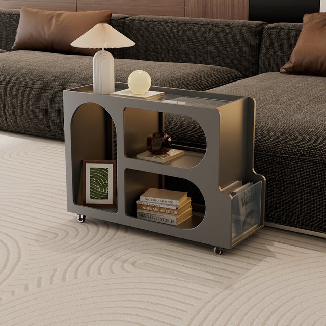 End Table With Wheels Simple Modern Design Side Table for Couch Unique Edge Table Living Room for Small Space with Ample Storage