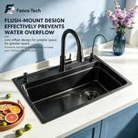 Évier de cuisine en acier inoxydable SUS304 OEM, à cuve unique, double couche, trois trous, finition PVD noir mat de qualité alimentaire, sans soudure, à débosselage profond