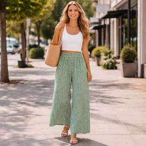 Culottes Personalizzate da Donna in Puro <span class=keywords><strong>Lino</strong></span> <span class=keywords><strong>Verde</strong></span> a Quadretti con Vita Elastica, <span class=keywords><strong>Pantaloni</strong></span> Estivi Casual a Gamba Larga - Product Image 5