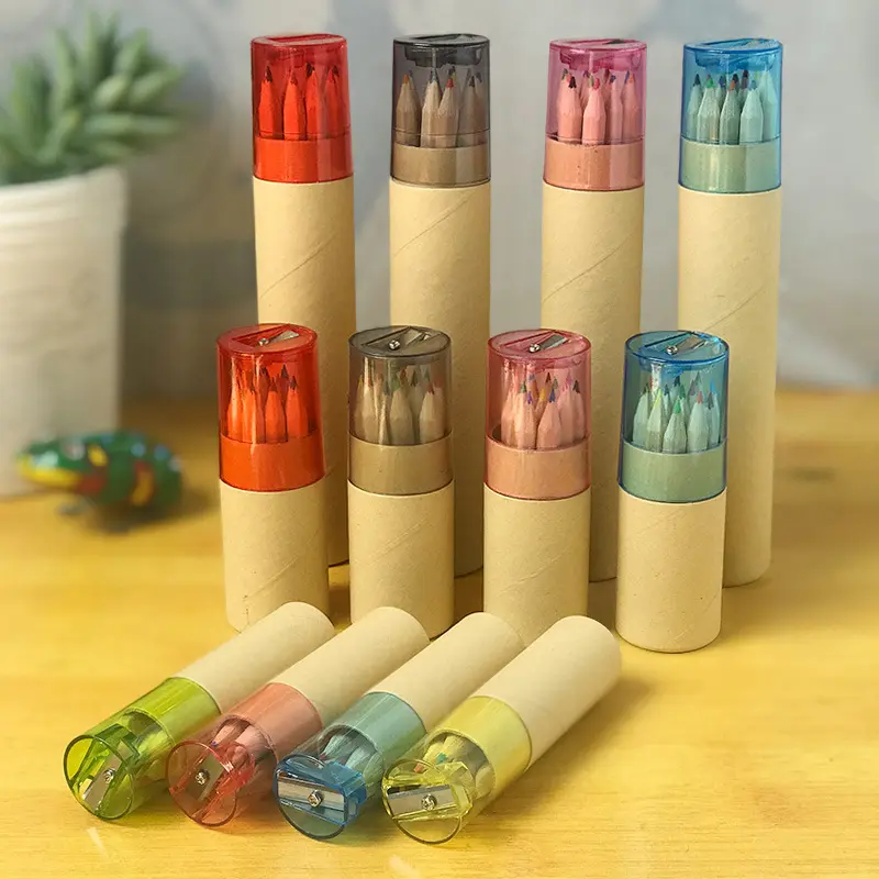 יומן חבית 12 צבע קצר הגנה על הסביבה צבע מיני עופרת קראפט דלי נייר עם עיפרון מחדד