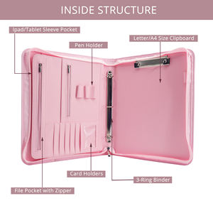 Portafolio de Cuero Rosa de Lujo, Carpeta de Archivos con Bloc de Notas Tamaño Carta A4 y Cierre de Cremallera - Product Image 3