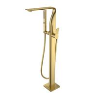 Robinet de baignoire autoportant en laiton avec douchette céramique à jet doux - Finition chromée et or brossé - Robinet de douche moderne pour villa et hôtel
