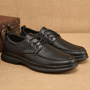 Chaussures bateau en cuir à lacets, bout rond, respirantes, chaussures décontractées pour hommes, été, semelle extérieure en caoutchouc, semelle intermédiaire en EVA, doublure en cuir véritable - Product Image 1