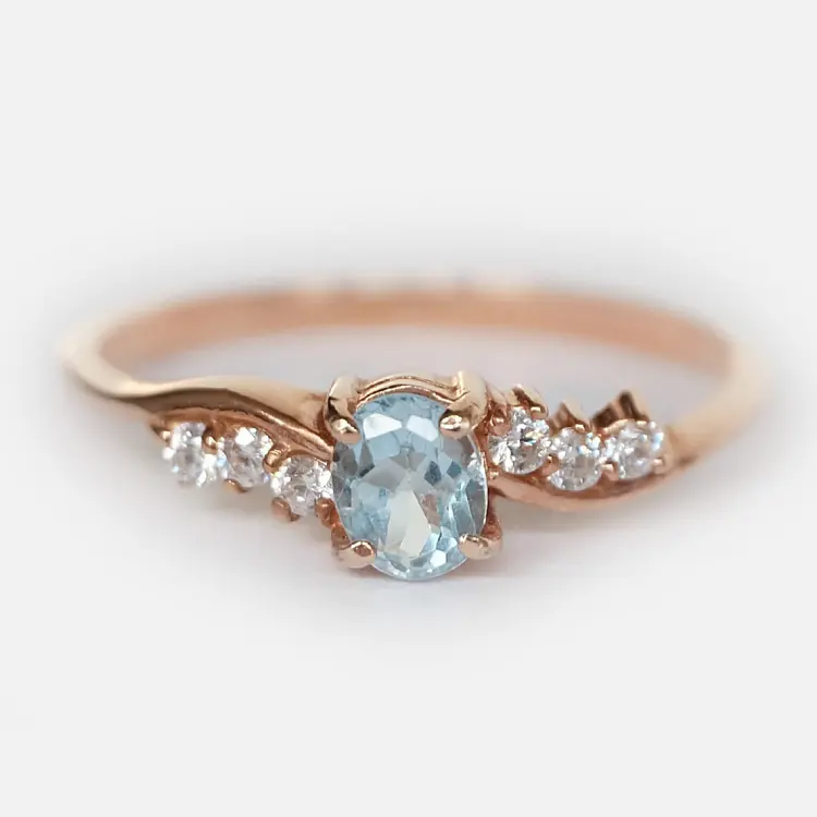 Delicate semi-precious stone jewelry sliver ring 925 sterling silver cluster diamond natural oval aquamarine ring