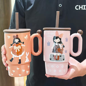Ceramic <b>Straw</b> Mug <b>With</b> <b>Lid</b> <b>And</b> Handle Cartoon Design For Girls Gift <b>Cup</b> Orange Red Color Single <b>Cup</b> - Product Image 2
