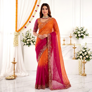 AARA Fashion Orange Pink Silk <b>Saree</b> Embroidered <b>Blouse</b> for Wedding Women Traditional Indian Sari Floor Length Regular Fit Sun - Product Image 1