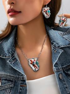 Collier et boucles d'oreilles vintage à imprimé Rodeo Western pour femme, bijoux pendantes rétro floraux du Sud-ouest, style cowgirl - Product Image 1