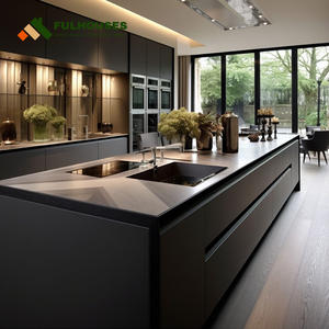 Gabinetes de cocina negros lacados Gabinetes de cocina negros <span class=keywords><strong>Lauren</strong></span> Acabado de puerta de lujo Gabinetes de cocina negros con adornos dorados - Product Image 1