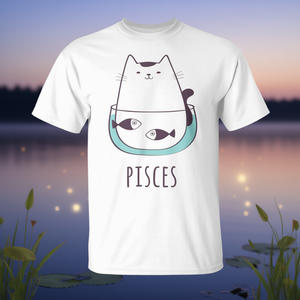 Camiseta con diseño de gato del zodiaco Piscis, diseño felino bonito, color blanco, unisex, talla para adultos - Product Image 3