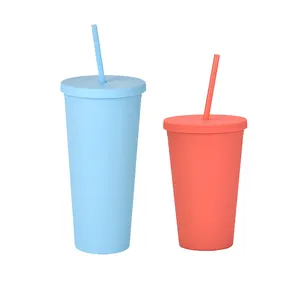 CL1C-E162-A 16Oz 22Oz Tumbler Plastik Berwarna Pastel dengan Tutup dan Sedotan Cangkir Kopi Perjalanan