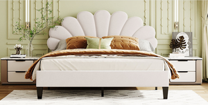 <b>Queen</b> <b>Size</b> Modern Pine Wood Upholstered Platform <b>Bed</b> with Flower Pattern Velvet Headboard Eco-Friendly Durable Beige - Product Image 3