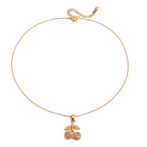 สร้อยคอจี้เชอร์รี่ สแตนเลสชุบทอง 18K ประดับเพทายสีชมพู ดีไซน์ผลไม้ ของขวัญเครื่องประดับ - Product Image 5