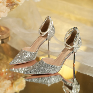 6692-15 Zapatos de Novia con Cristales Brillantes, Punta Puntiaguda, Tacón de Aguja, con Correa de Cadena de Perlas, Sandalias de Tacón Alto para Mujer - Product Image 4