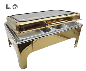 Hot bán 9L hình chữ nhật thép không gỉ chafing món ăn bạc vàng sang trọng tự chọn sưởi ấm chậu thực phẩm ấm hơn cho khách sạn nhà hàng - Product Image 3